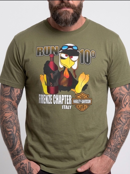 Harley-Davidson Other - Harley-Davidson Olive Green Gallo Nero Run Graphic Tee with Yellow & Red Accents